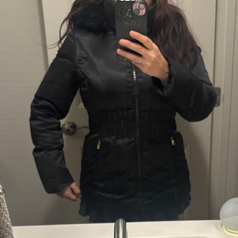 Bebe Black Puffer Jacket with Faux Fur Trim